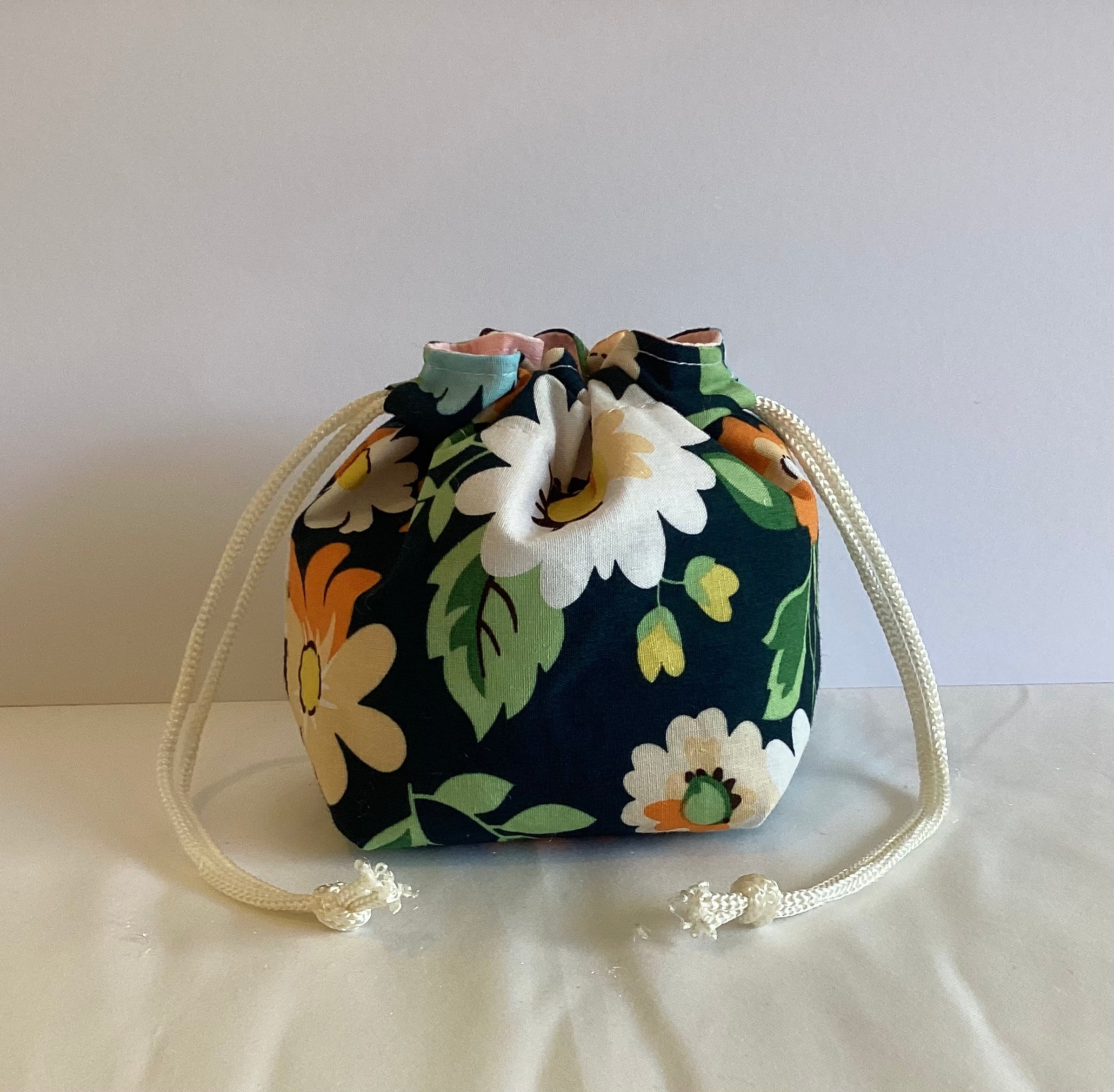 Black With Large Flowers Draw String Bag Multi Purpose