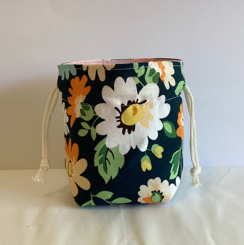 Black With Large Flowers Draw String Bag Multi Purpose