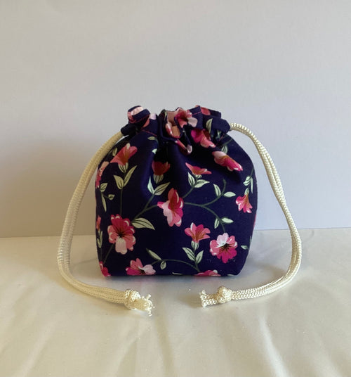 Black With Pink Flower Handmade Draw String Bag Multi Purpose