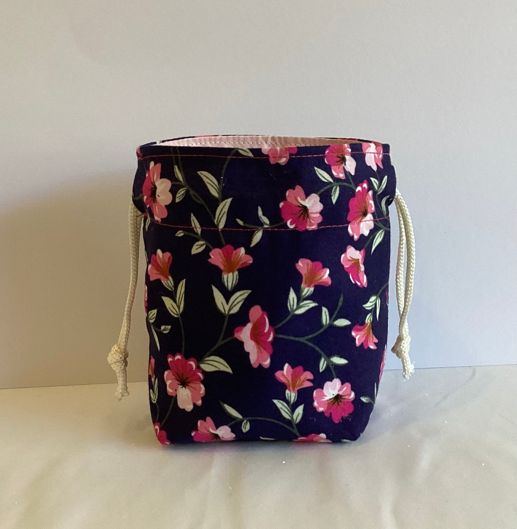 Black With Pink Flower Handmade Draw String Bag Multi Purpose