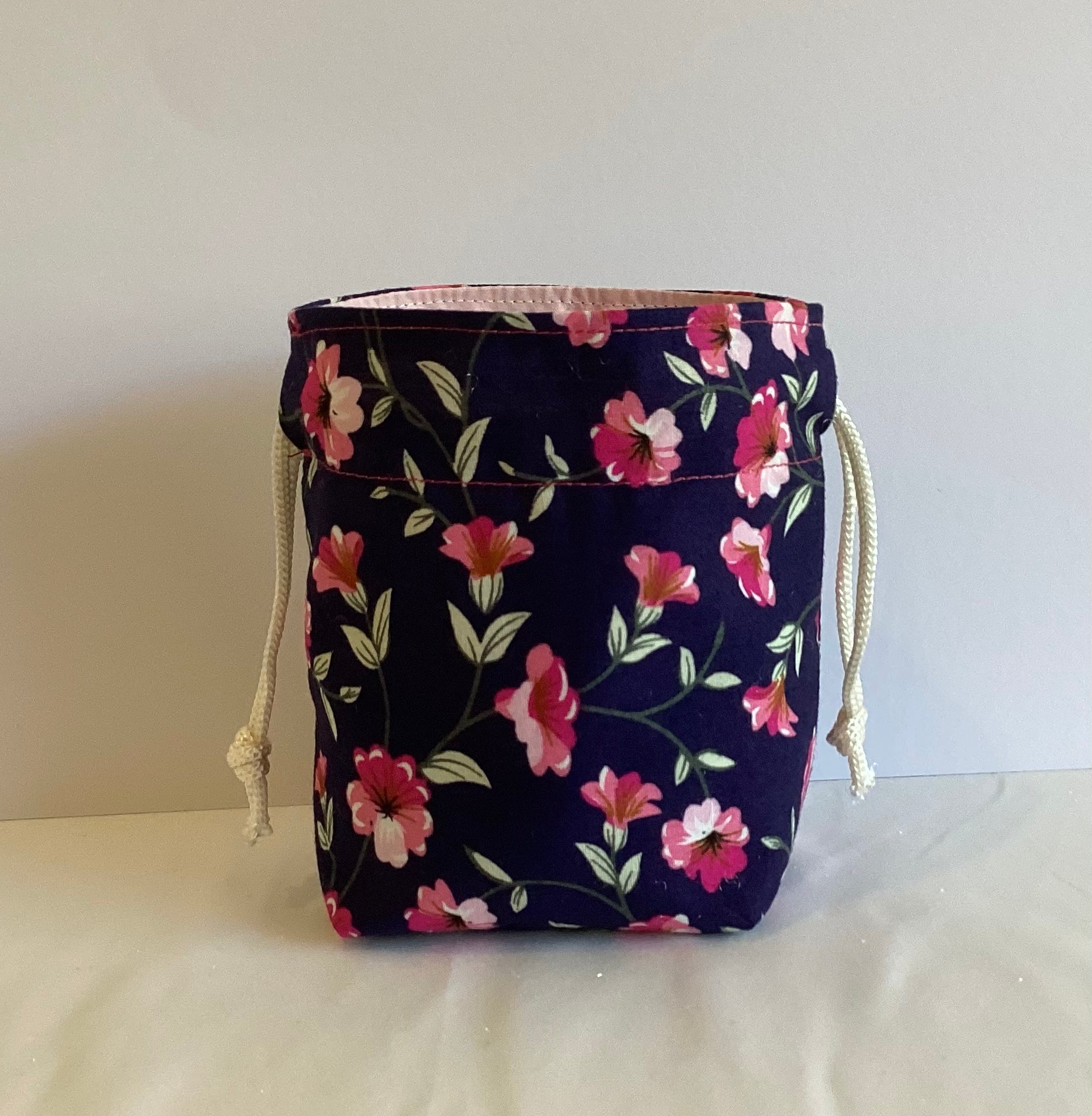 Black With Pink Flower Handmade Draw String Bag Multi Purpose