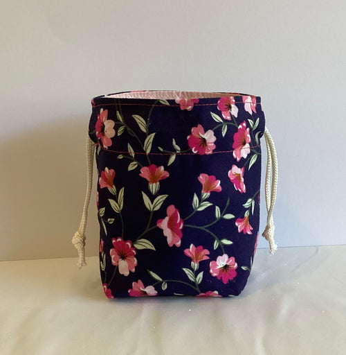 Black With Pink Flower Handmade Draw String Bag Multi Purpose