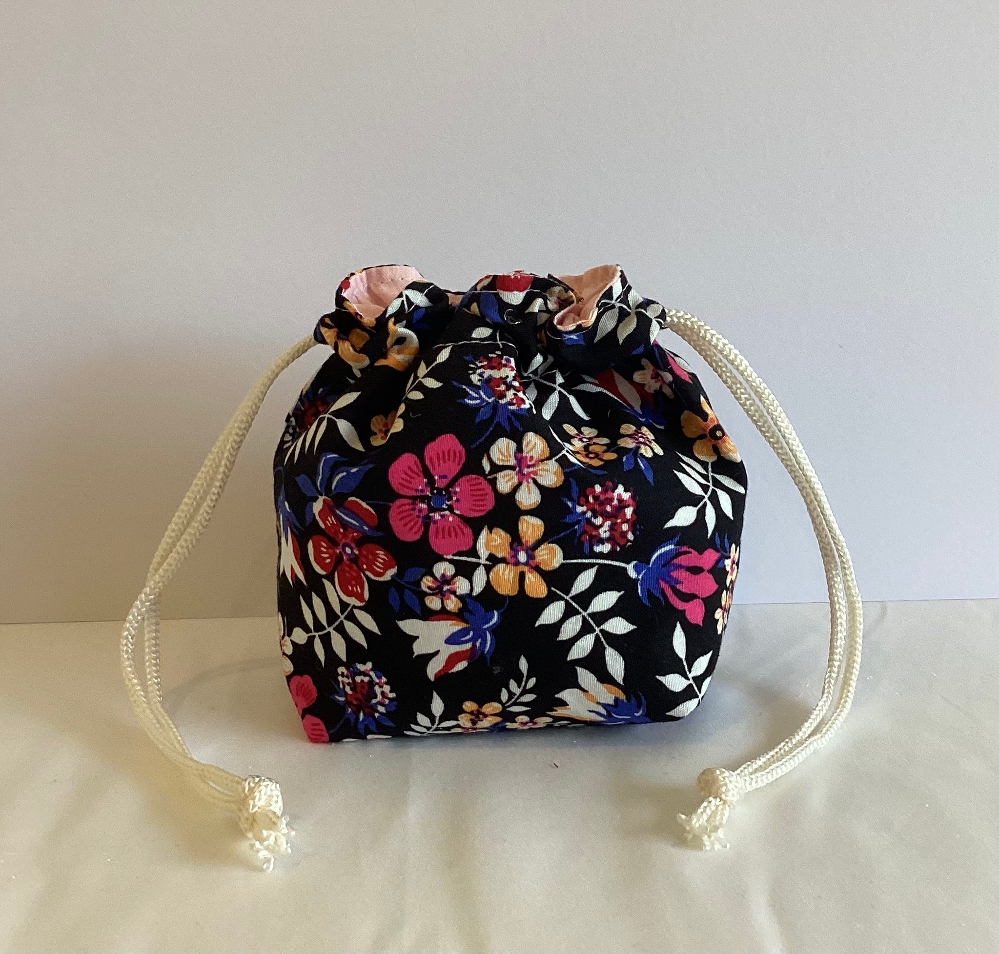 Black With Multi Flower Handmade Draw String Bag Multi Purpose