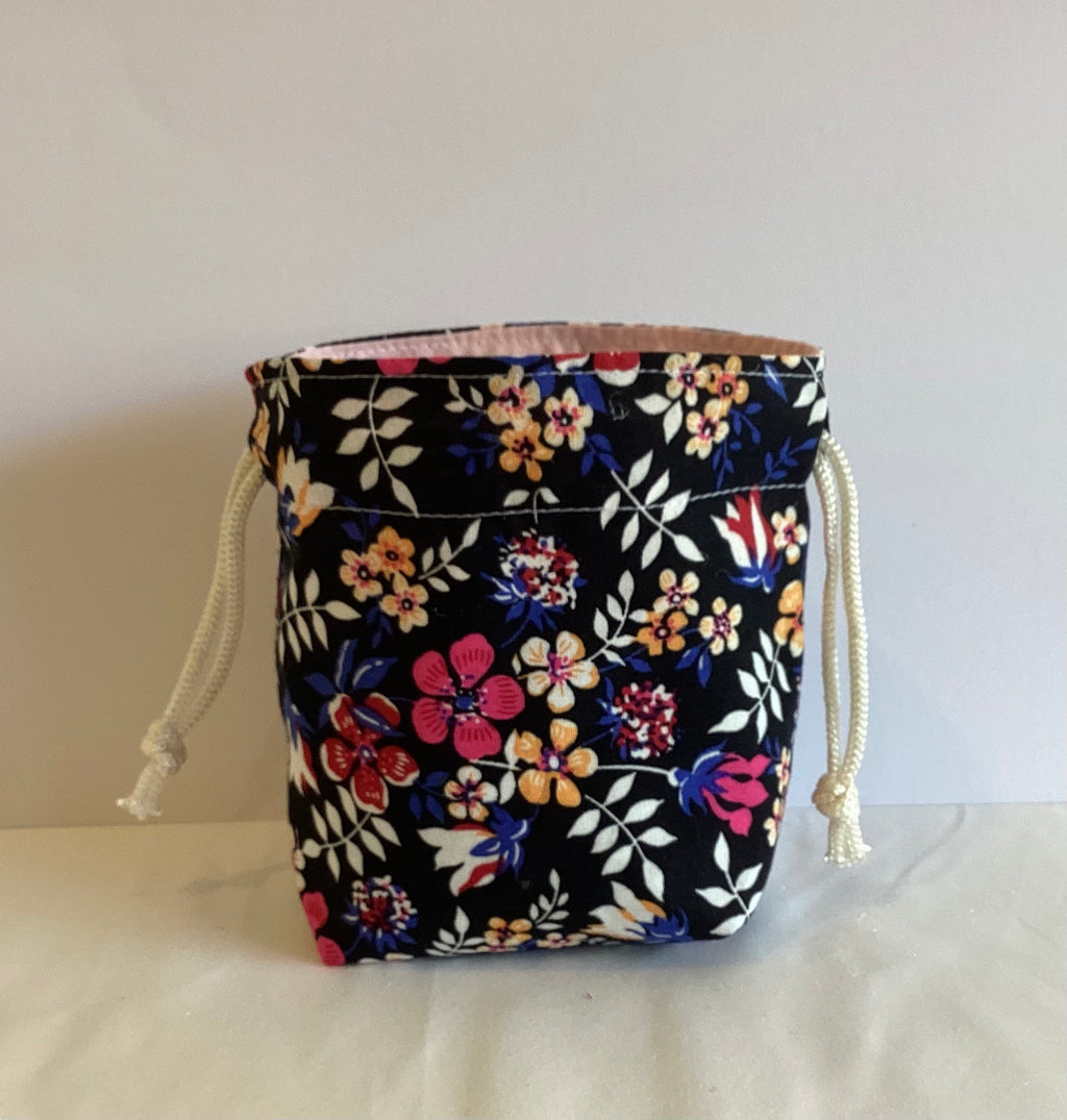 Black With Multi Flower Handmade Draw String Bag Multi Purpose