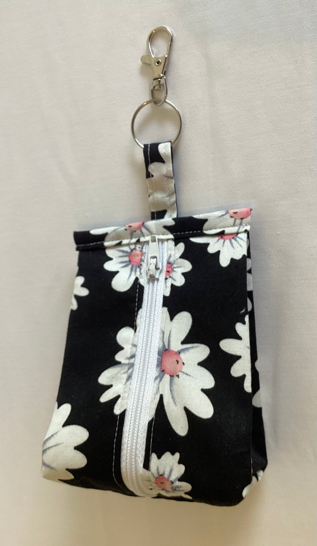 Black With Large White Flower Triangular Zipped Coin/Key Pouch With a Lobster Claw Clasp