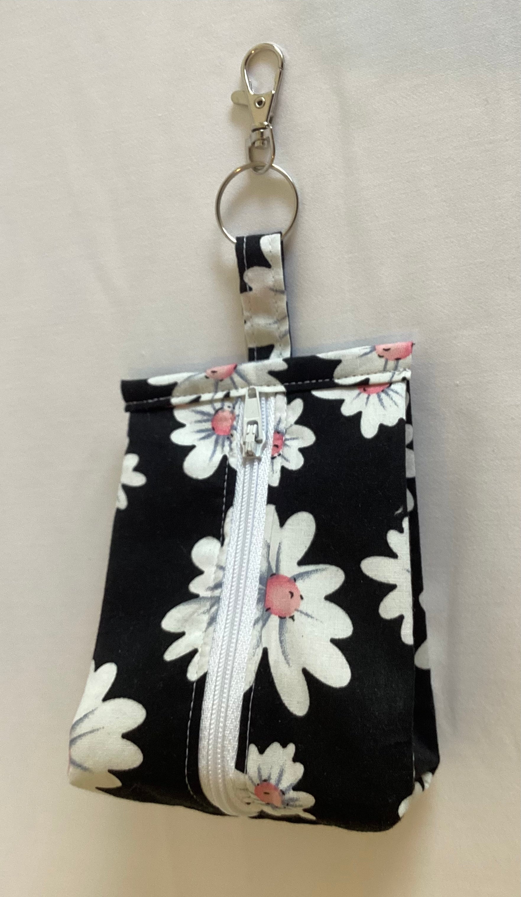 Black With Large White Flower Triangular Zipped Coin/Key Pouch With a Lobster Claw Clasp