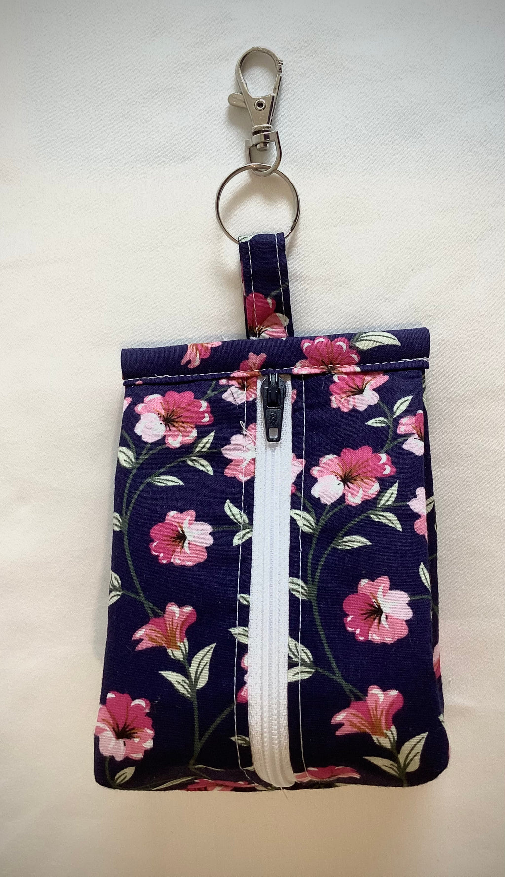 Navy Blue With Pink Flower Triangular Zipped Coin/Key Pouch With a Lobster Claw Clasp