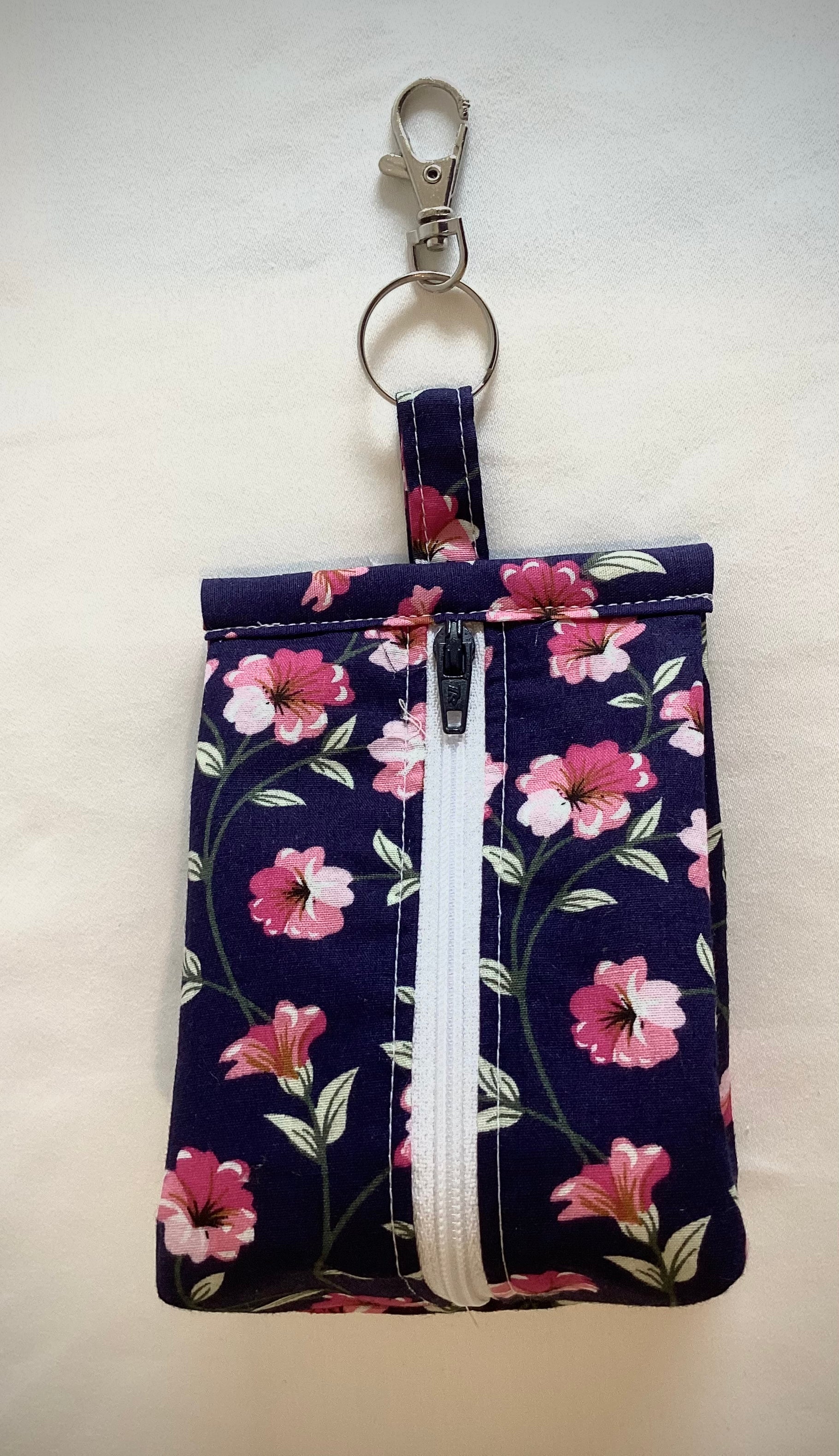 Navy Blue With Pink Flower Triangular Zipped Coin/Key Pouch With a Lobster Claw Clasp