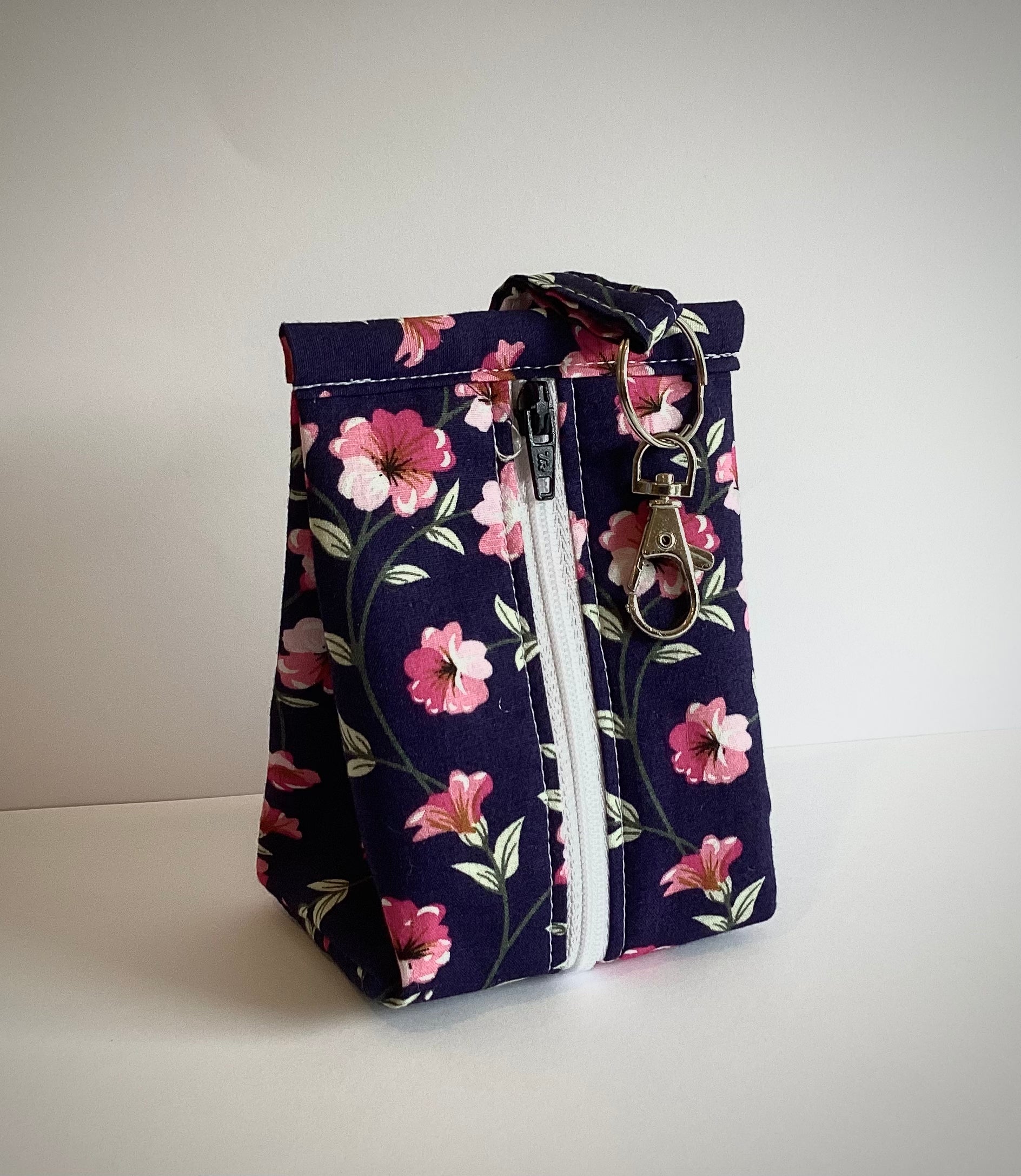 Navy Blue With Pink Flower handmade triangular zipped coin and key pouch with lobster claw clasp