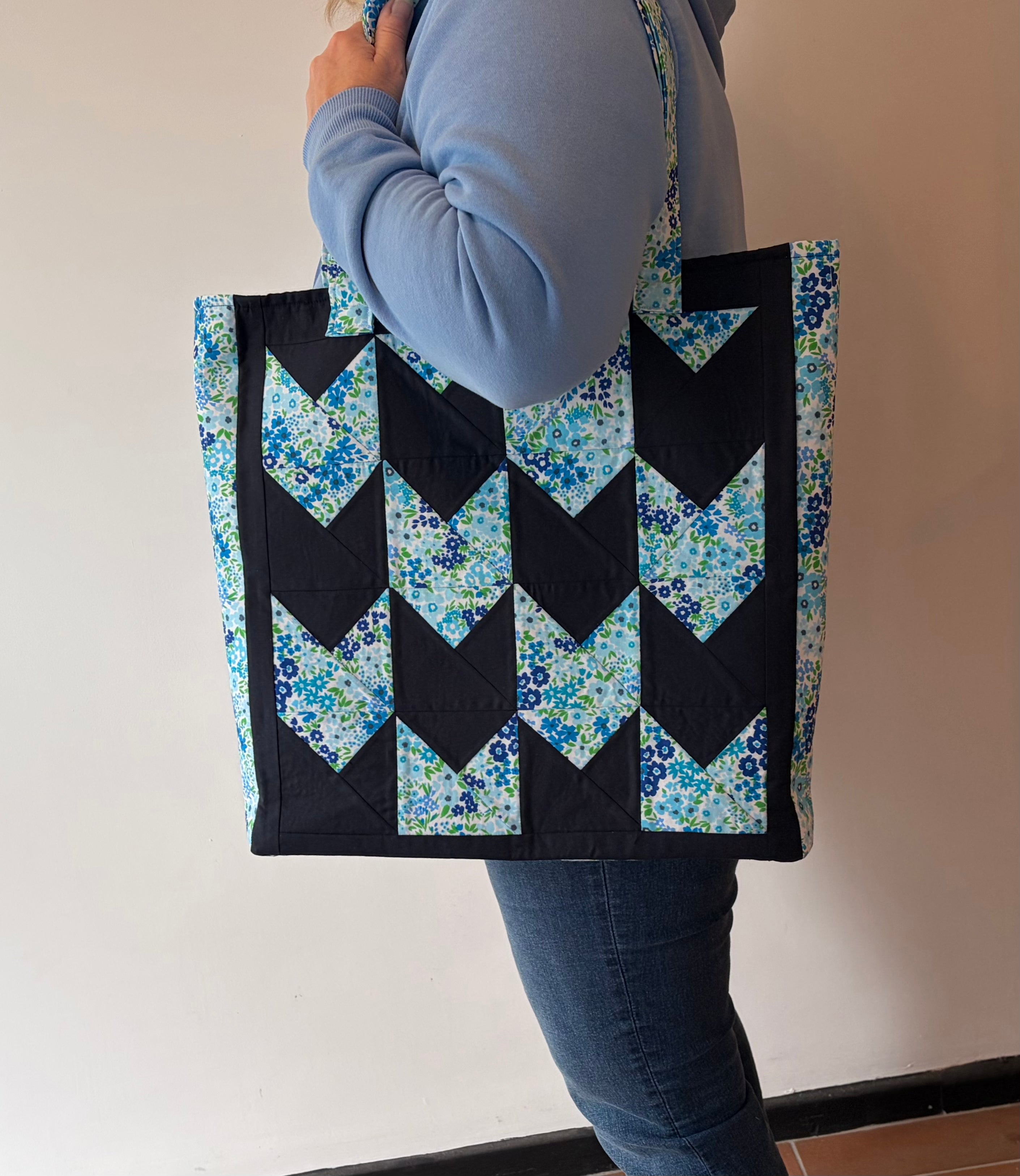 Large Blue Chevron Quilted Patchwork Tote Bag