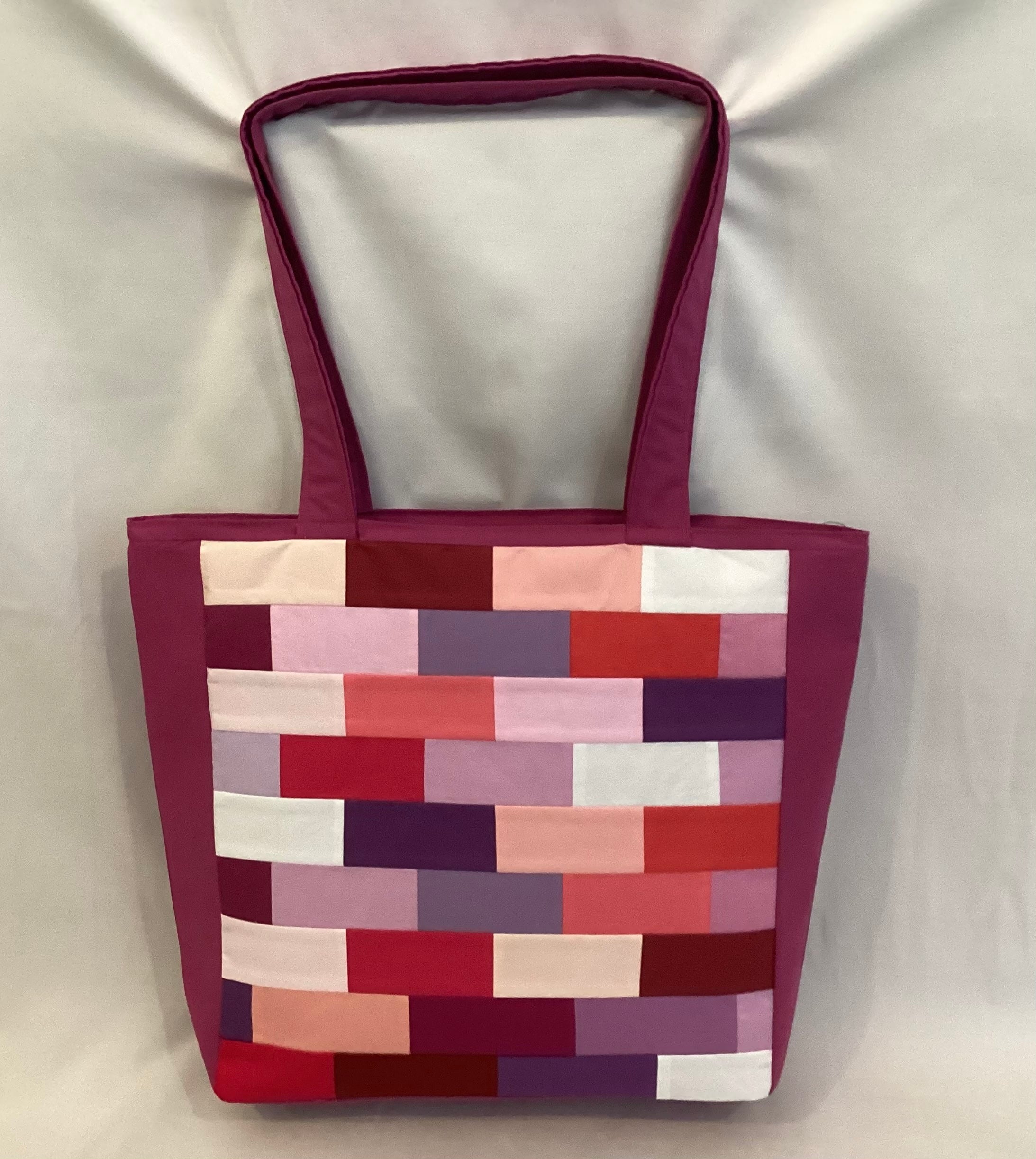 Handmade cerise pink quilted brick patterned medium cotton tote bag