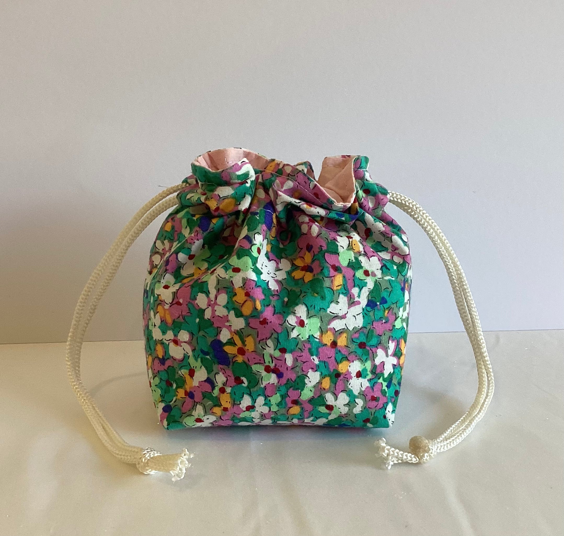 Green Floral Handmade Draw String Bag Multi Purpose
