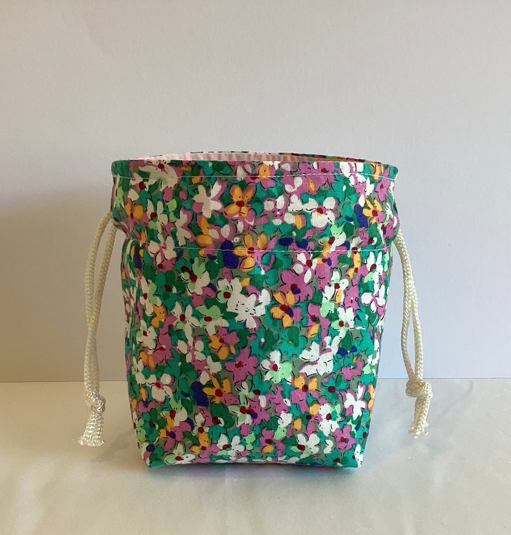 Green Floral Handmade Draw String Bag Multi Purpose