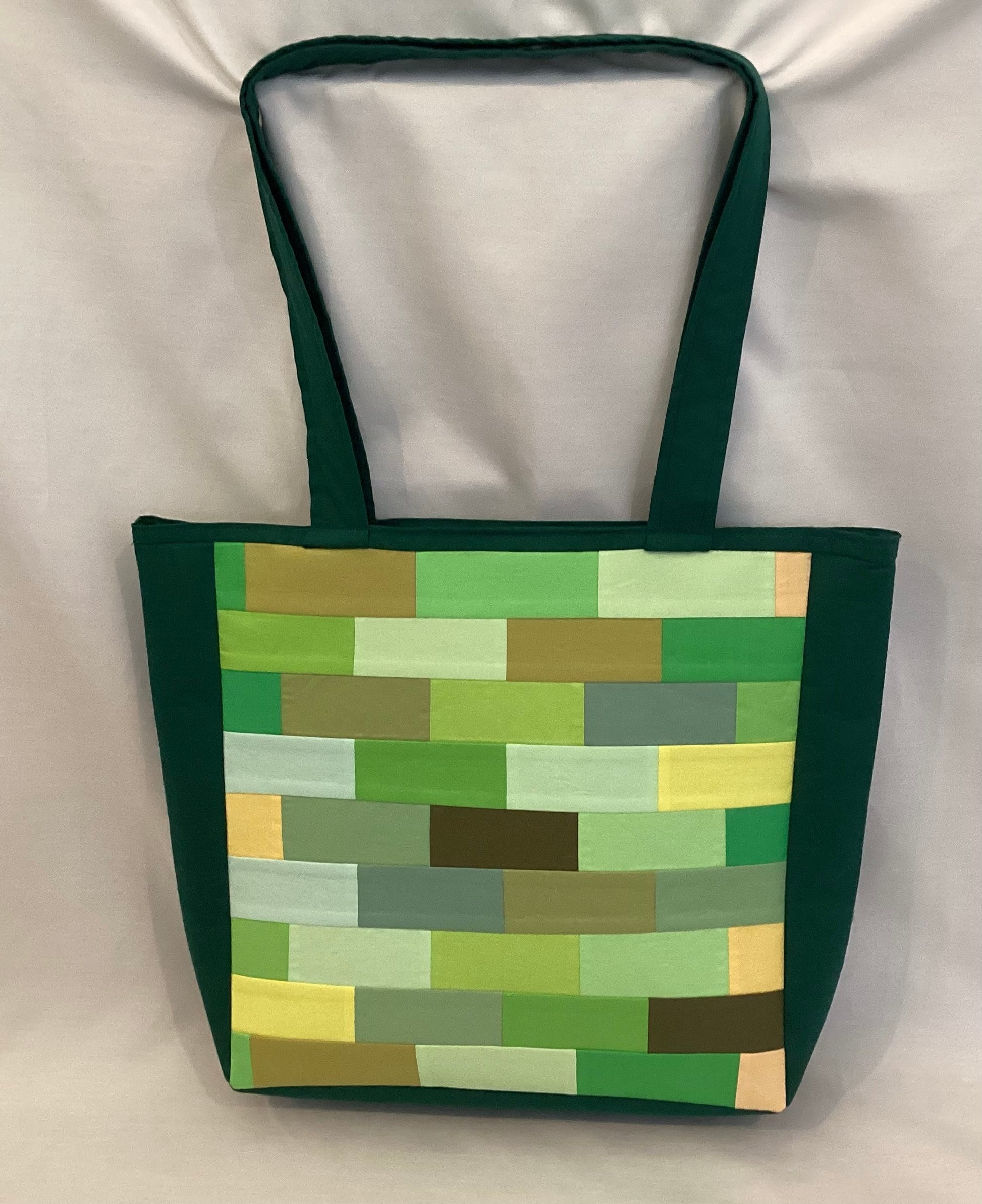 Handmade mixed green quilted brick patterned medium cotton tote bag