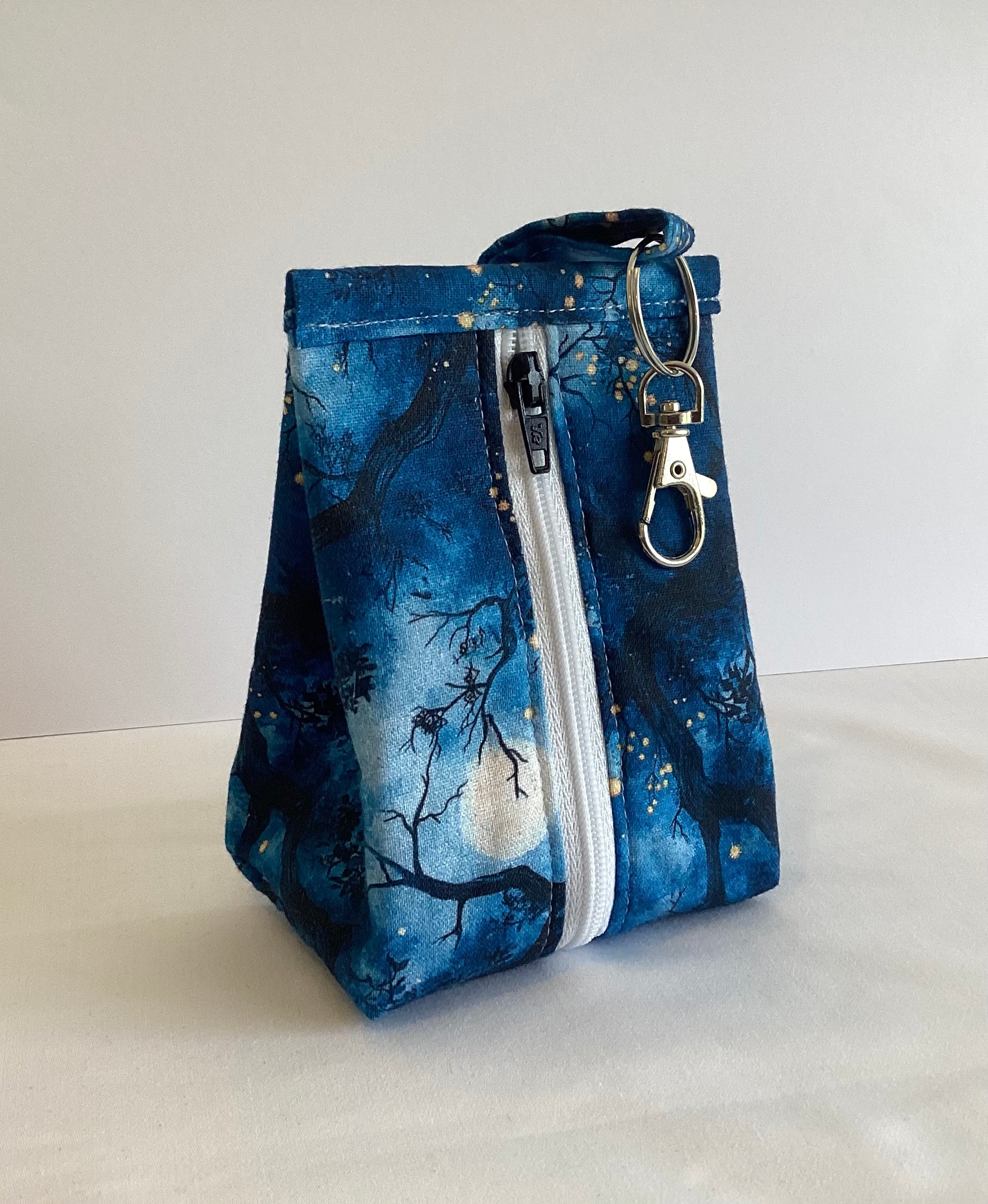 Moon And Tree Design handmade triangular zipped coin and key pouch with lobster claw clasp