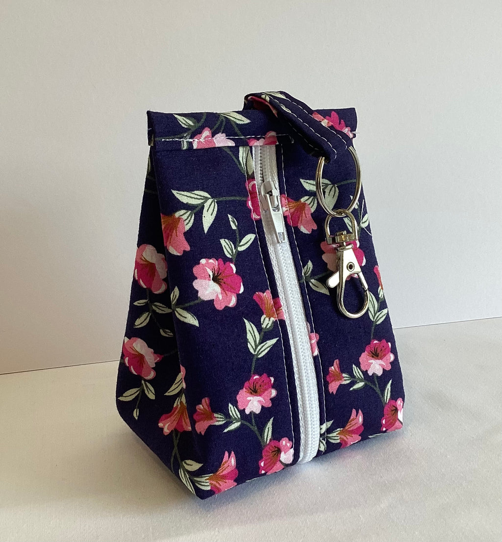 Navy Blue With Cerise flower handmade triangular zipped coin and key pouch with lobster claw clasp