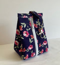 Navy Blue With Cerise flower handmade triangular zipped coin and key pouch with lobster claw clasp
