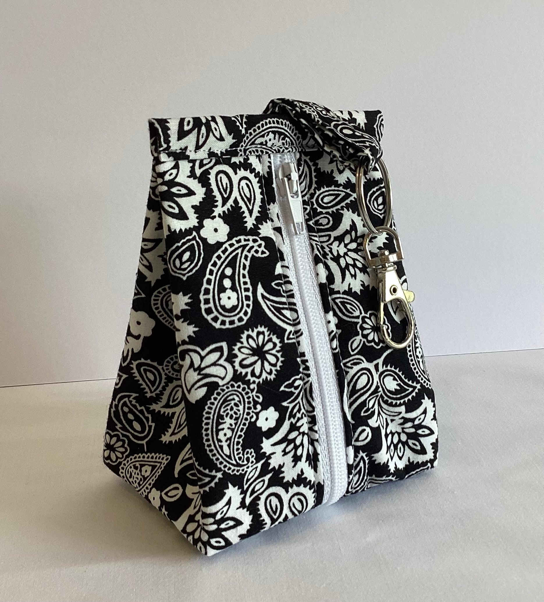 Paisley Style  handmade triangular zipped coin and key pouch with lobster claw clasp