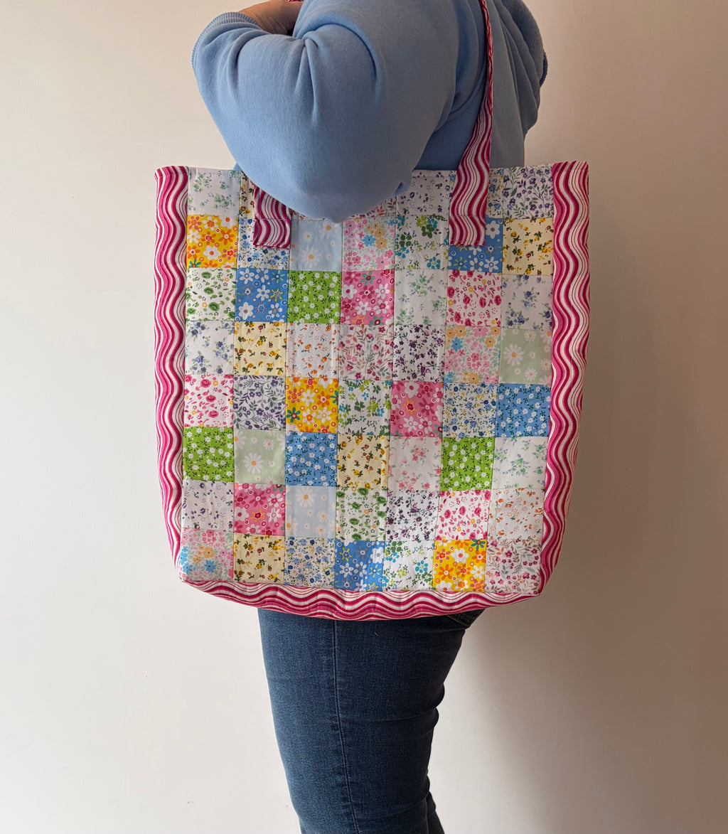 Handmade Patchwork  Cerise Large Quilted  Tote Bag