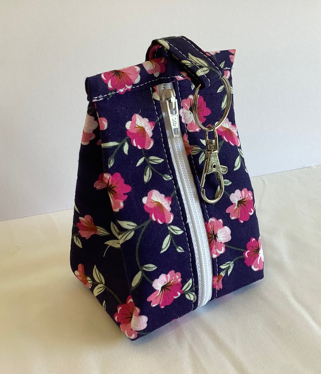 Purple Flower  handmade triangular zipped coin and key pouch with lobster claw clasp
