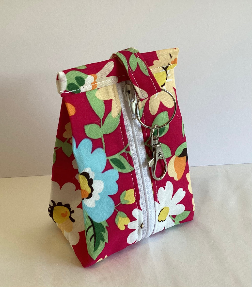 Multi Flower  handmade triangular zipped coin and key pouch with lobster claw clasp