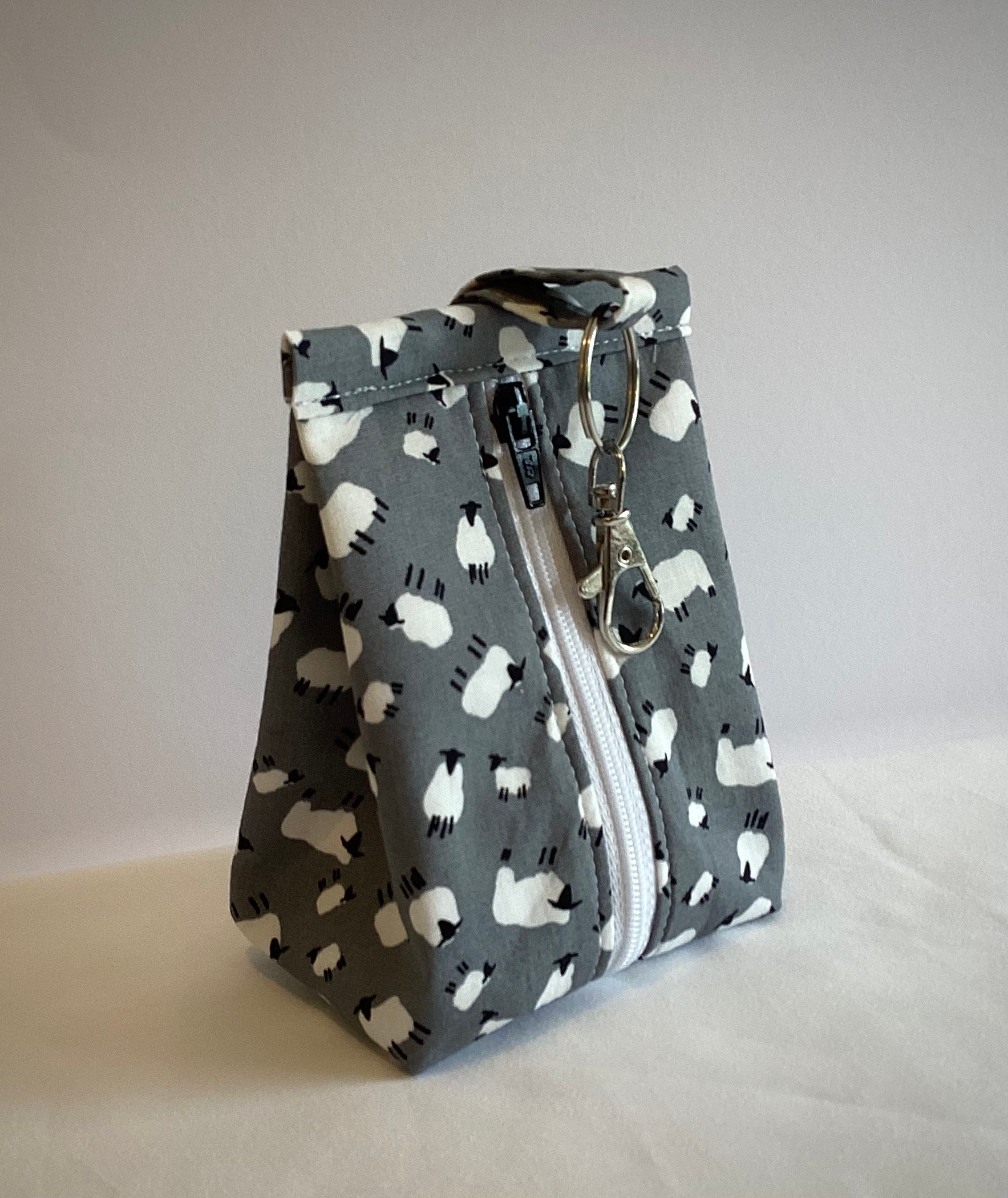 Sheep pattern  handmade triangular zipped coin and key pouch with lobster claw clasp"