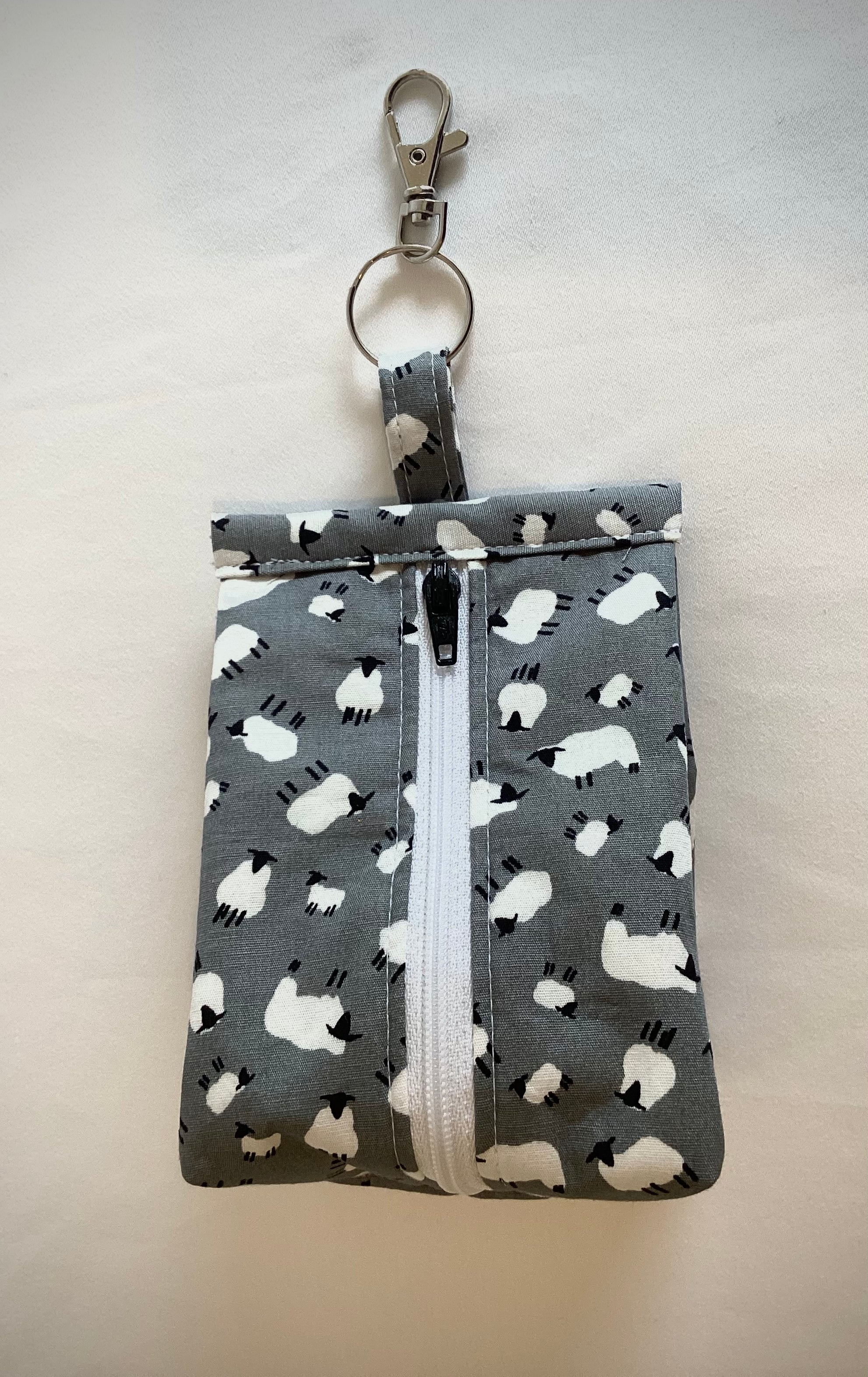 Sheep Patterned Triangular Zipped Coin/Key Pouch With a Lobster Claw Clasp